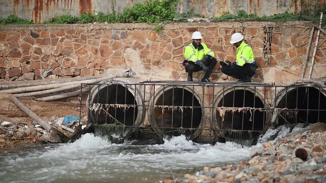 Engineers wearing safety gear, including hard hats examining survey a large blueprint tablet standing industrial facility gas or oil refinery engaged in a job requires high safety standards concept.	