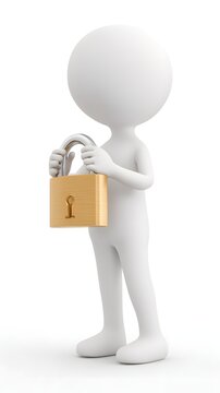 Minimalist 3D stick figure holding a padlock, symbolizing security, privacy, data protection, cybersecurity, trust, and digital safety.