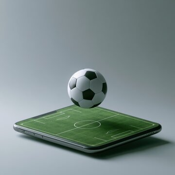 Digital soccer concept with a floating classic black and white ball above a smartphone screen displaying a green pitch with white markings on a gray background