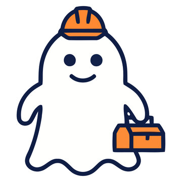 Adorable Spooky Handyman Spirit Wearing Protective Orange Gear and Tool Box for Labor Theme Project