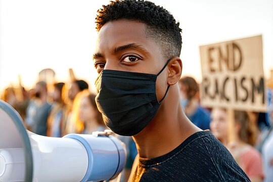 Young Black Man In Face Mask With Megaphone At Anti-Racism Protest, Advocating For Social Justice And Equality