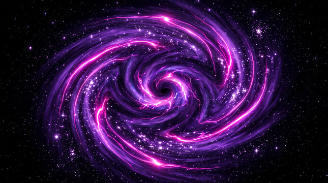 無数の星雲と稲妻のような光の帯が中心の暗黒へと吸い込まれる紫色の宇宙の渦