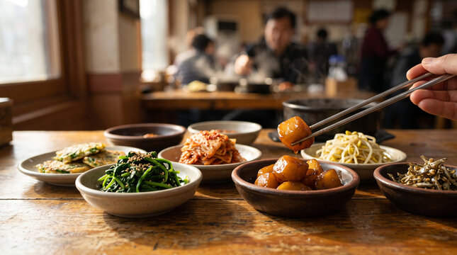 Banchan, Korean side dishes served alongside cooked rice and main courses in a traditional Korean meal