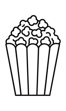 Simple line art icon of a stylized popcorn container overflowing with fluffy kernels on a white background. Snack food graphic