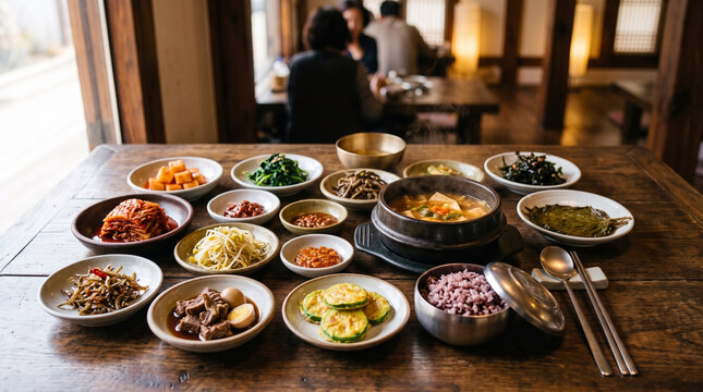 Banchan, Korean small side dishes served alongside cooked rice and main courses in a traditional Korean meal