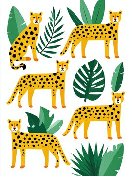 Jungle Safari Animal Pattern With Cute Cheetahs And Tropical Leaves For Kids Fashion And Nursery Decor