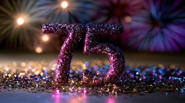 Sparkling glitter number seventy-five with colorful festive fireworks and bokeh lights in background celebrating a special milestone event