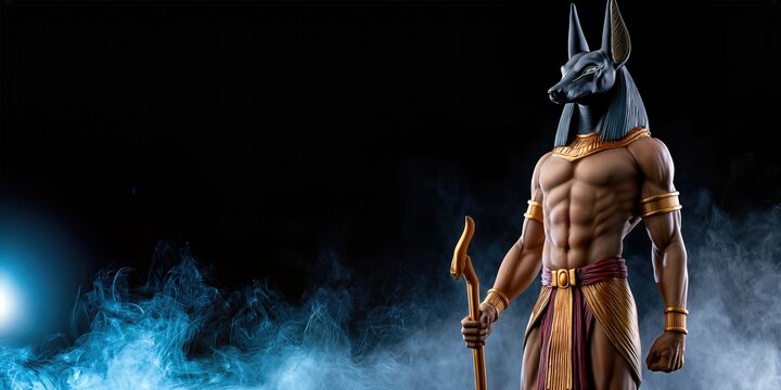 Anubis Egyptian God Of The Dead And Afterlife With Staff, Ancient Mythology, Funerary Rites, And Spiritual Journey