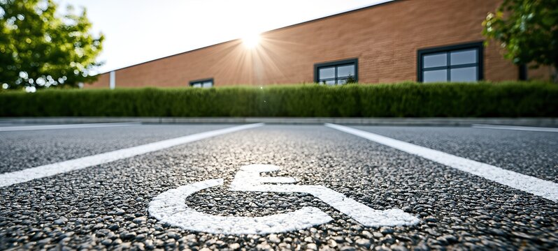 Accessibility Parking Space Symbol On Asphalt With Sun Flare, Disability Inclusion And Equal Access