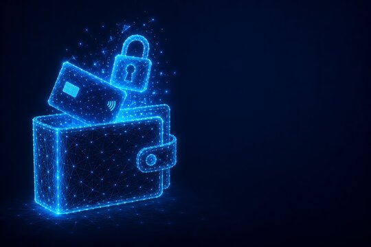 Digital wallet with credit card and padlock wireframe hologram. online payment security wireframe hologram security technology protection transaction. online payment security