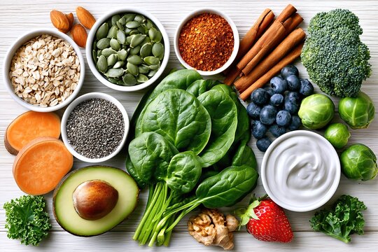 Healthy Eating And Superfood Selection For Wellness And Nutrition, Top View Of Various Ingredients On White Wood