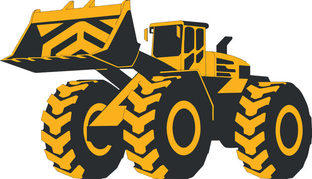 A stylized yellow and black heavy duty construction wheel loader vehicle illustration.