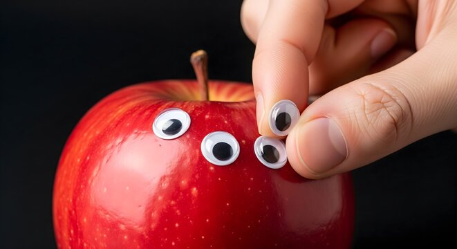 Person placing googly eyes on a fresh red apple against black background