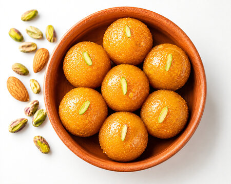 Motichoor Ladoo with Pistachios in Clay Bowl on White Background