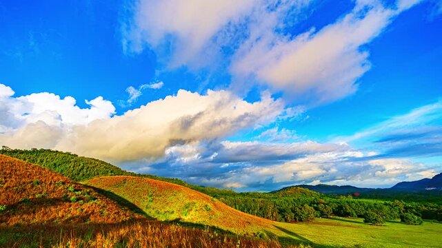 Time lapse A serene countryside scene displaying untouched wilderness, layered mountain ranges, and clouds that create depth and visual impact. Vast Green Landscape Stretching to the Horizon in Ranong
