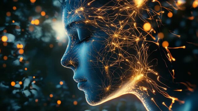 A woman with light patterns on her face stands in a dark forest filled with glowing lights at night