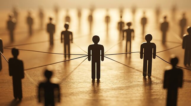 Silhouette figures connected by threads representing complex social network, data flow, or digital relationships, conceptual network of people and information.
