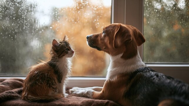 Cat and dog sitting together looking out rainy window, cute pets bonding indoors during autumn rain.