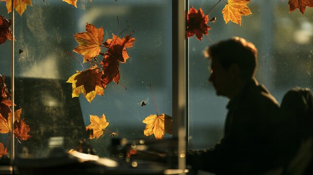 Man silhouette working at desk seen through window with falling autumn leaves, moody indoor scene