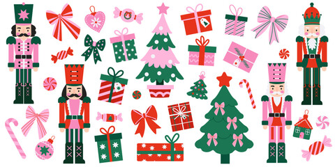 Fototapeta premium Big Christmas clipart set with wooden nutcracker soldiers, pine trees, gift present boxes, bows, and sweets isolated on white background. Festive holiday decor collection for cards.