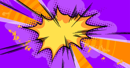 Fototapeta na wymiar Comic book background with radial lines and dynamic burst effect, abstract vector cartoon banner with halftone texture. Pop art explosion pattern with purple yellow rays, vibrant manga bg with flash
