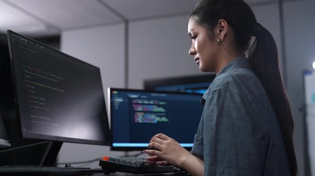 Asian female software developer coding on multiple monitors in a dark office. Smiling woman programmer working on IT systems. Corporate technology diversity and cybersecurity data development concept