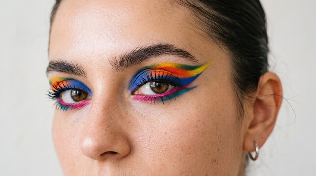 Close up of a woman's eye with vibrant rainbow colored makeup and bold eyeliner