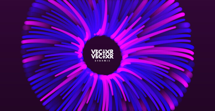 Torus. Bright radial lines of dots. Dynamic energy radiates from the center. The colors pulsate. Object modeling. Data flow. Digital technologies. 3D illustration for cover, presentation, flyer, etc.
