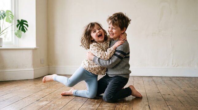 Joyful siblings embracing and laughing together indoors