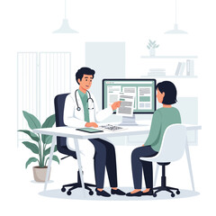 Fototapeta premium Doctor Patient Consultation In Modern Clinic Room Setting Discussing Medical Report