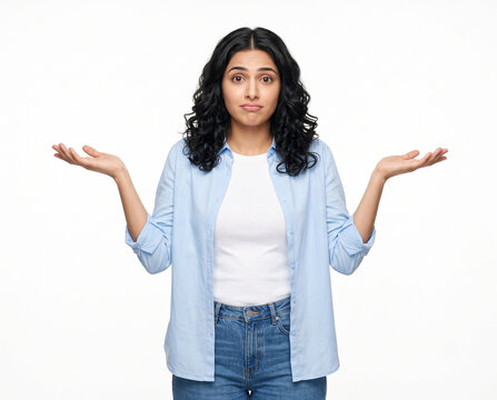 young fair indian woman shrugging with open palms and uncertain expression isolated on white background representing confusion doubt indecision questioning and problem solving