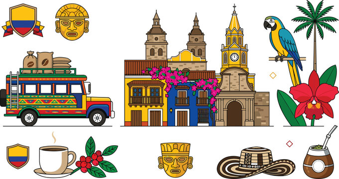 Colombia Travel and Culture Vector Set with Cartagena Architecture Chiva Bus Coffee Parrot Sombrero Vueltiao and Precolumbian Gold Mask Graphic Designs