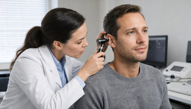Otolaryngologist examining male patient ear using an otoscope during a medical checkup with medical examination ent doctor hearing test health care doctor office medical practice otoscope