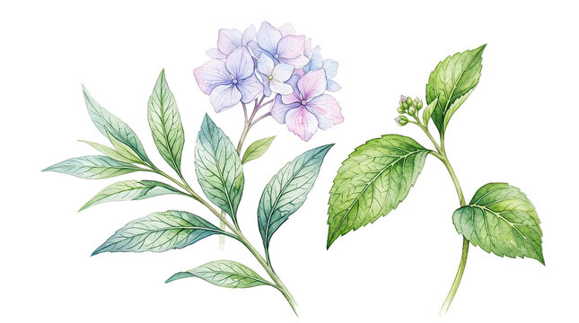 Delicate Hydrangea Branch with Soft Purple Flowers and Green Leaves