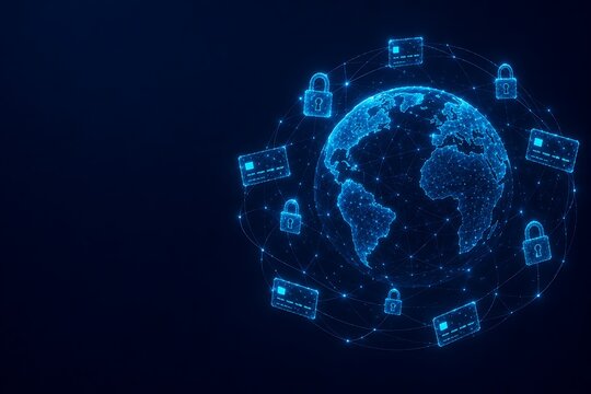 Global security network with digital globe and financial icons. online payment security protection technology internet communication connection. online payment security