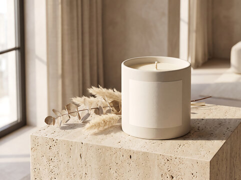 Minimalist beige candle mockup with a blank label on a textured stone pedestal in a bright sunlit interior transparent background