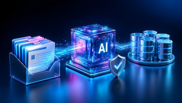 3D render of artificial intelligence processing document files through a glowing data stream into a secure server database