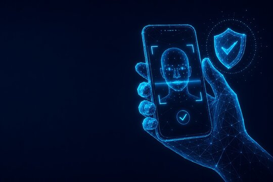 Facial recognition biometric authentication and mobile security concept. online payment security with security recognition smartphone biometric protection. online payment security