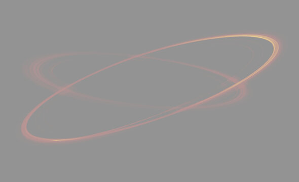 Abstract red glowing orbital rings light effect on grey background. Futuristic orange elliptical streak trail and glowing swirl line overlay.  Cyberpunk red ring light swirl concept for mot
