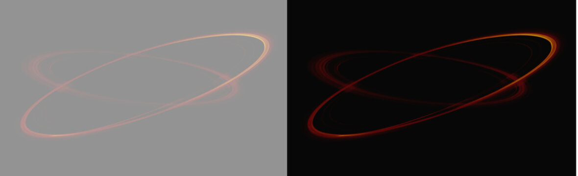 Abstract red glowing orbital rings light effect on grey and black backgrounds. Futuristic orange elliptical streak trail and glowing swirl line overlay.  Cyberpunk red ring light swirl concept for mot