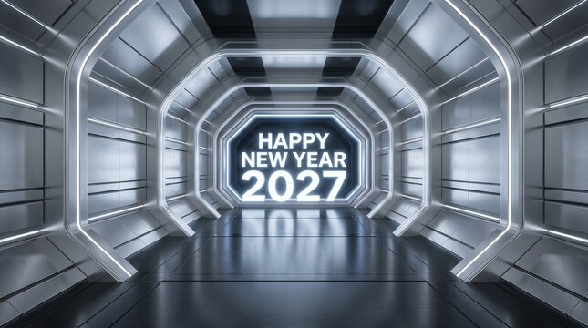 A symmetrical view of a futuristic metallic tunnel corridor with glowing white neon light strips along the walls, leading to a bright portal displaying the text Happy New Year 2027 in the center