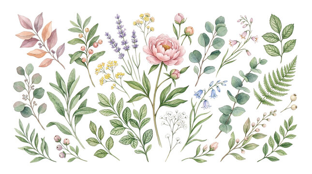 Delicate Watercolor Floral Garden Scene Full of Blooms and Greenery