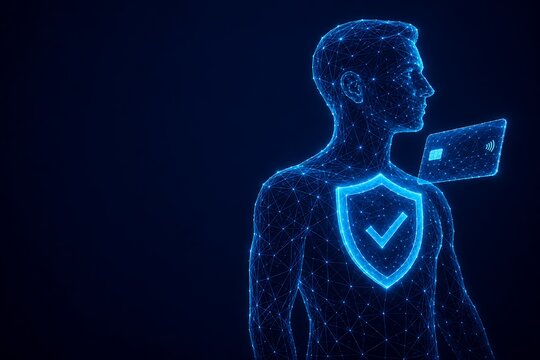 Digital human profile silhouette with shield and credit card. online payment security silhouette security protection technology identity wireframe hologram. online payment security