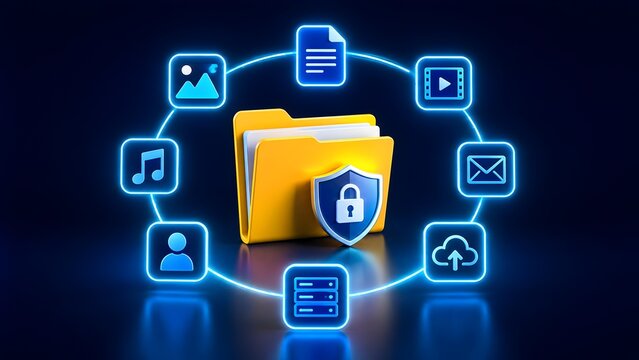 Yellow file folder protected by security lock shield surrounded by glowing digital media and cloud icons