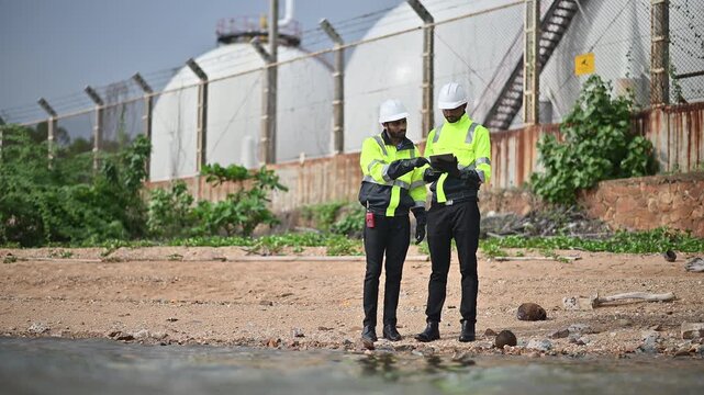 Engineers wearing safety gear, including hard hats examining survey a large blueprint tablet standing industrial facility gas or oil refinery engaged in a job requires high safety standards concept.	