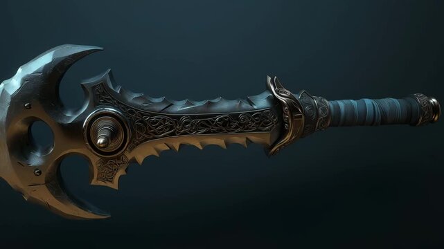 A close up view of a fantasy weapon highlights the design and details of the blade and handle as it rests on a flat surface