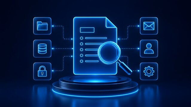 Glowing blue digital document and magnifying glass on a podium connected to network icons representing data analysis and system security