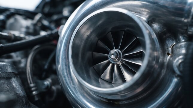 Close-up turbocharger on internal combustion engine, polished metallic casing with compressor wheel blades, precision mechanical design for transport, automotive power and efficiency concept