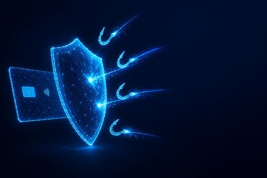 Digital shield blocking cyber attack hooks protecting credit card. online payment security with blocking protecting security protection technology phishing. online payment security