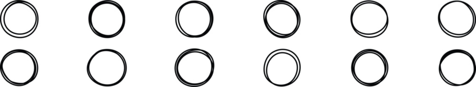 Hand drawn circles set. Hand drawing circle line sketch set. Highlight circle frames. Ellipses in doodle style. Hand drawn scribble circle and underline stroke set
